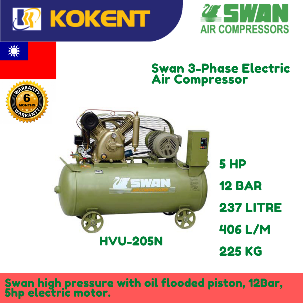 rekenkundig opening Bovenstaande Swan Electric Air Compressor HVU-205N: 5HP, 12Bar, FAD406L/min, 620rpm,  3phase