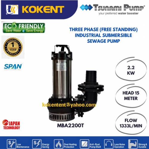 TSUNAMI THREE PHASE (FREE STANDING) INDUSTRIAL SUBMERSIBLE SEWAGE PUMP (3HP) MBA2200T