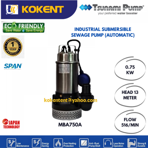 TSUNAMI AUTO INDUSTRIAL SUBMERSIBLE SEWAGE PUMP (0.75KW) MBA750A