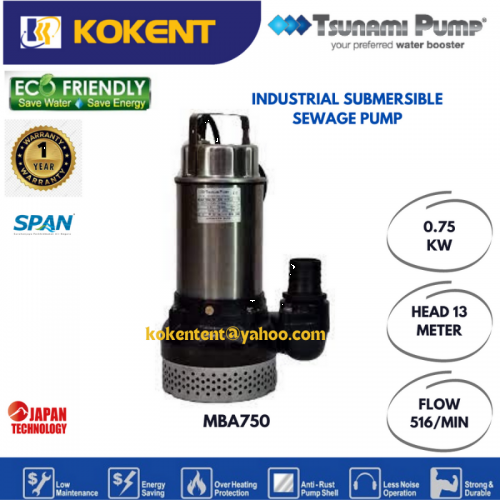 TSUNAMI INDUSTRIAL SUBMERSIBLE SEWAGE PUMP (0.75KW) MBA750