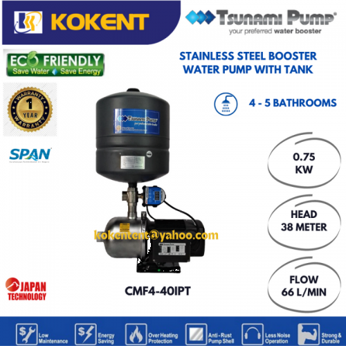 TSUNAMI FOOD GRADE STAINLESS STEEL HOME WATER PUMP WITH PRESSURE TANK (1.0HP) CMF4-40-IPT