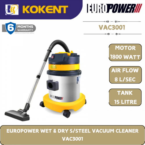 EUROPOWER WET & DRY S/STEEL VACUUM CLEANER  VAC3001